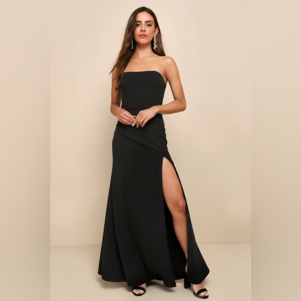 Lulus Night of Compliments Black Strapless Bustier Maxi Dress NWOT